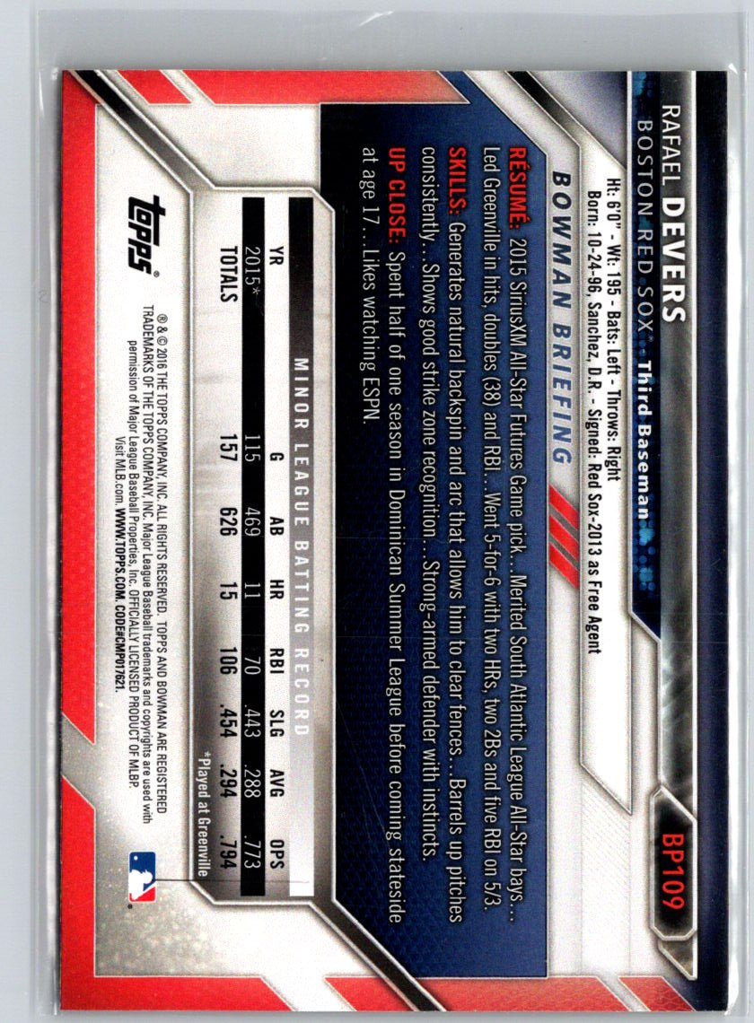 2016 Bowman #BP109 Rafael Devers Prospects Yellow K44