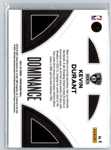 2021-22 Panini Prizm #4 Kevin Durant Dominance Prizms Silver K54