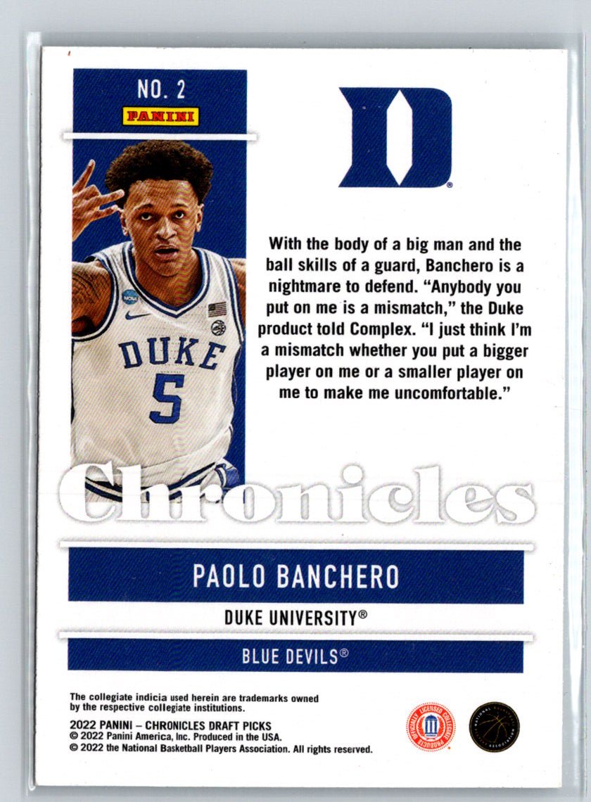 2022 Panini Chronicles Draft Picks #2 Paolo Banchero K57