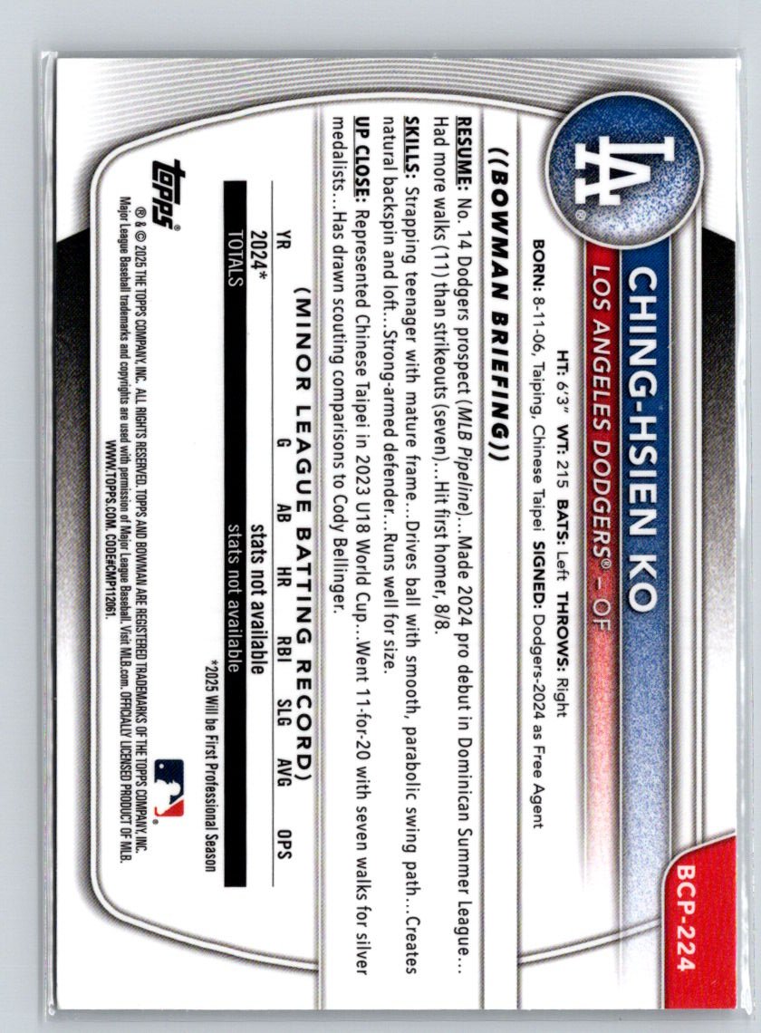 2025 Bowman Chrome #BCP-224 Ching-Hsien Ko Prospects K66