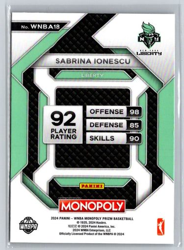 2024 Panini Prizm Monopoly WNBA #WNBA18 Sabrina Ionescu All-Star K69