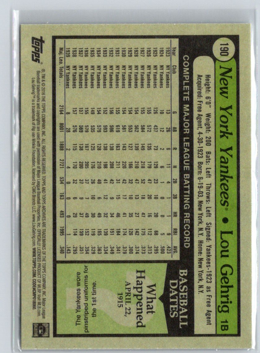 2016 Topps Archives #190 Lou Gehrig L03