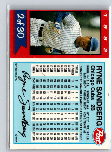 1992 Post Cereal #2 Ryne Sandberg L03