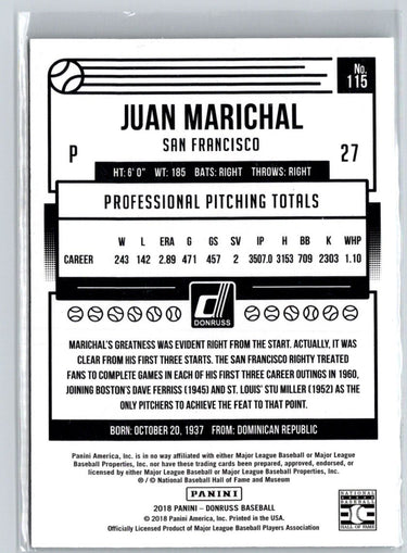 2018 Donruss #115 Juan Marichal Career Stat Line #/289 L04