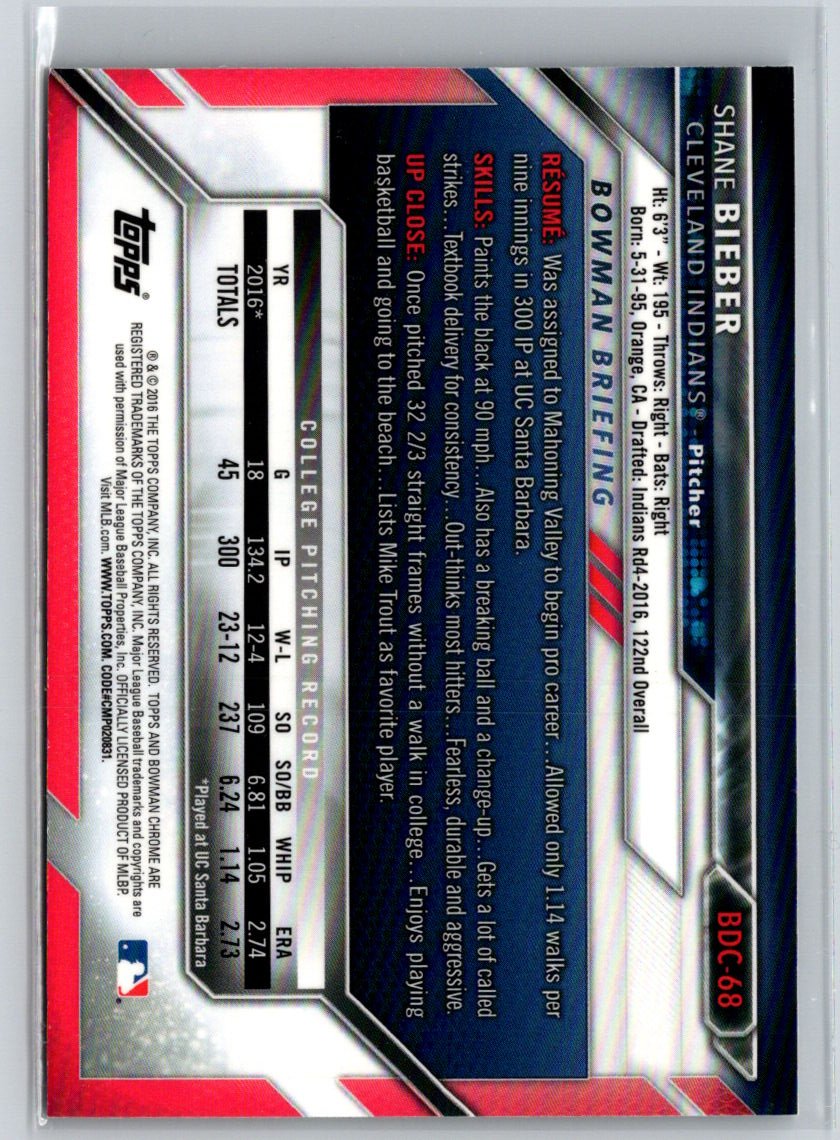 2016 Bowman Draft #BDC-68 Shane Bieber Chrome L05