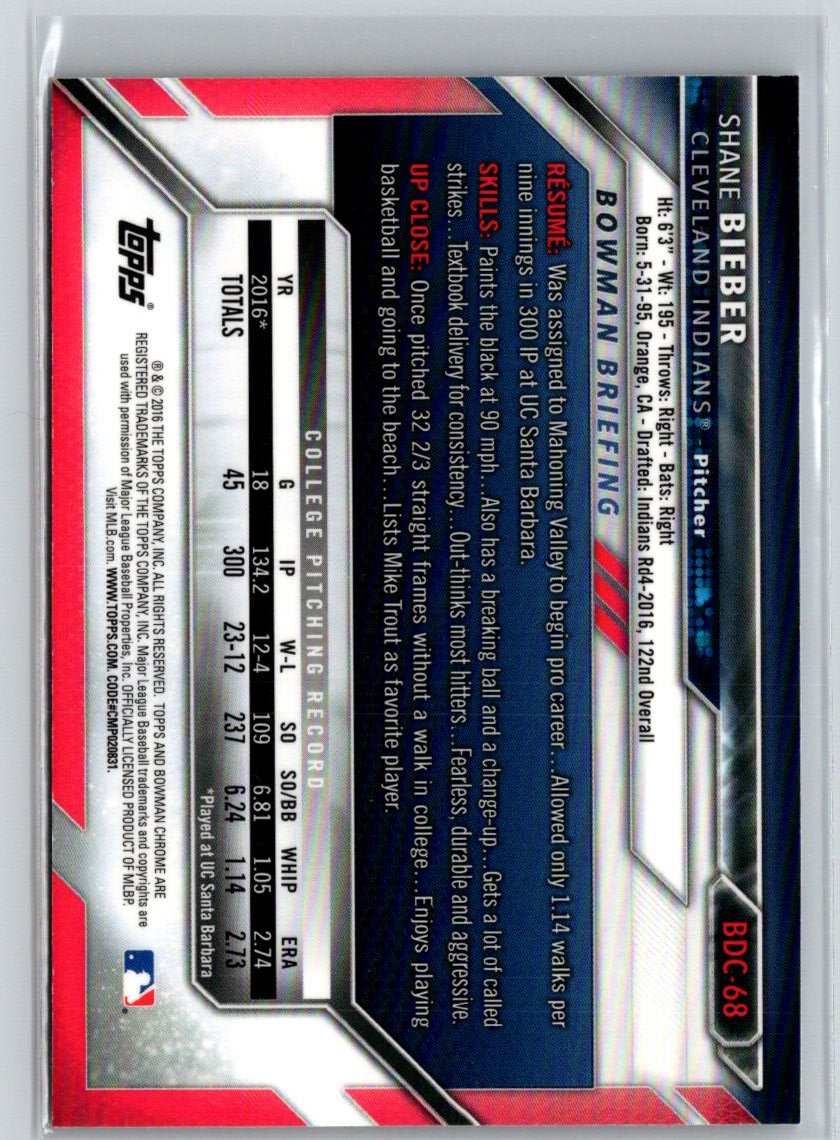 2016 Bowman Draft #BDC-68 Shane Bieber Chrome L06