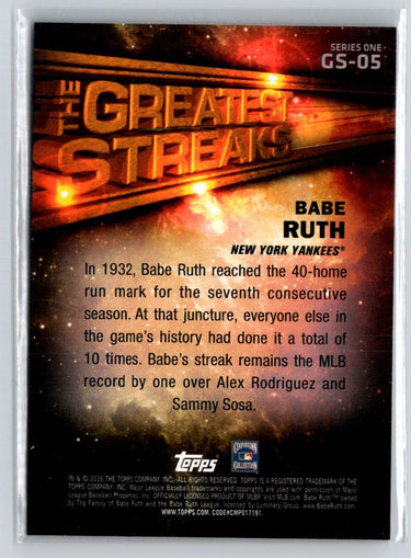 2016 Topps #GS-05 Babe Ruth The Greatest Streaks L08