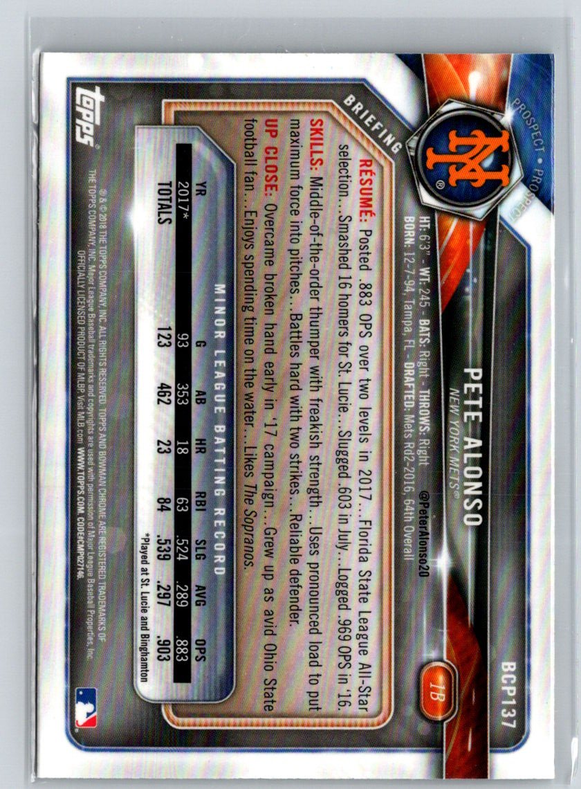 2018 Bowman #BCP137 Pete Alonso Chrome Prospects L16
