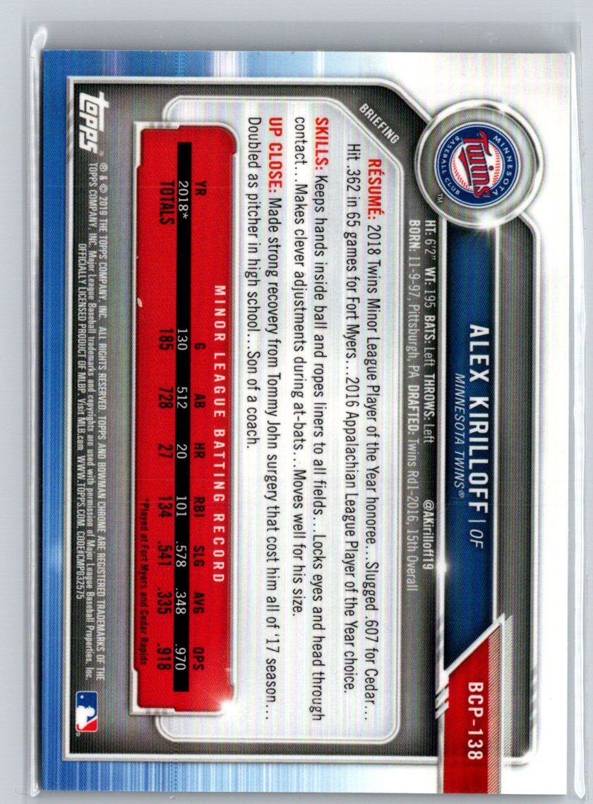 2019 Bowman #BCP-138 Alex Kirilloff Chrome Prospects Speckle Refractor #/299 L22