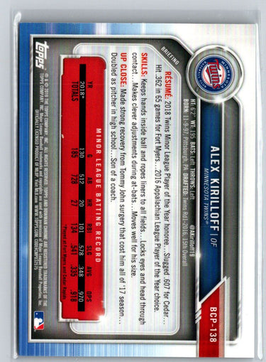 2019 Bowman #BCP-138 Alex Kirilloff Chrome Prospects Speckle Refractor #/299 L22