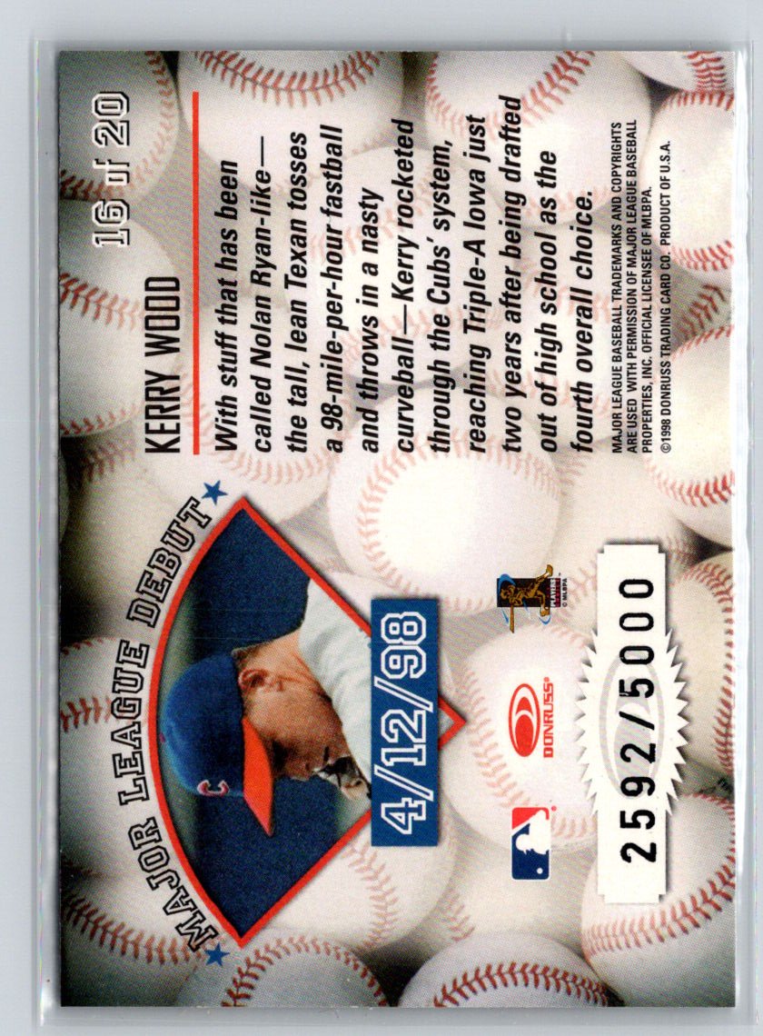 1998 Leaf Rookies & Stars #16 Kerry Wood Freshman Orientation #/5000 L27
