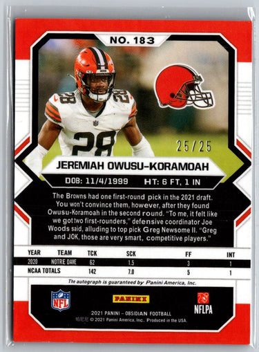 2021 Panini Obsidian #183 Jeremiah Owusu-Koramoah RC Auto Electric Etch #/25 L44