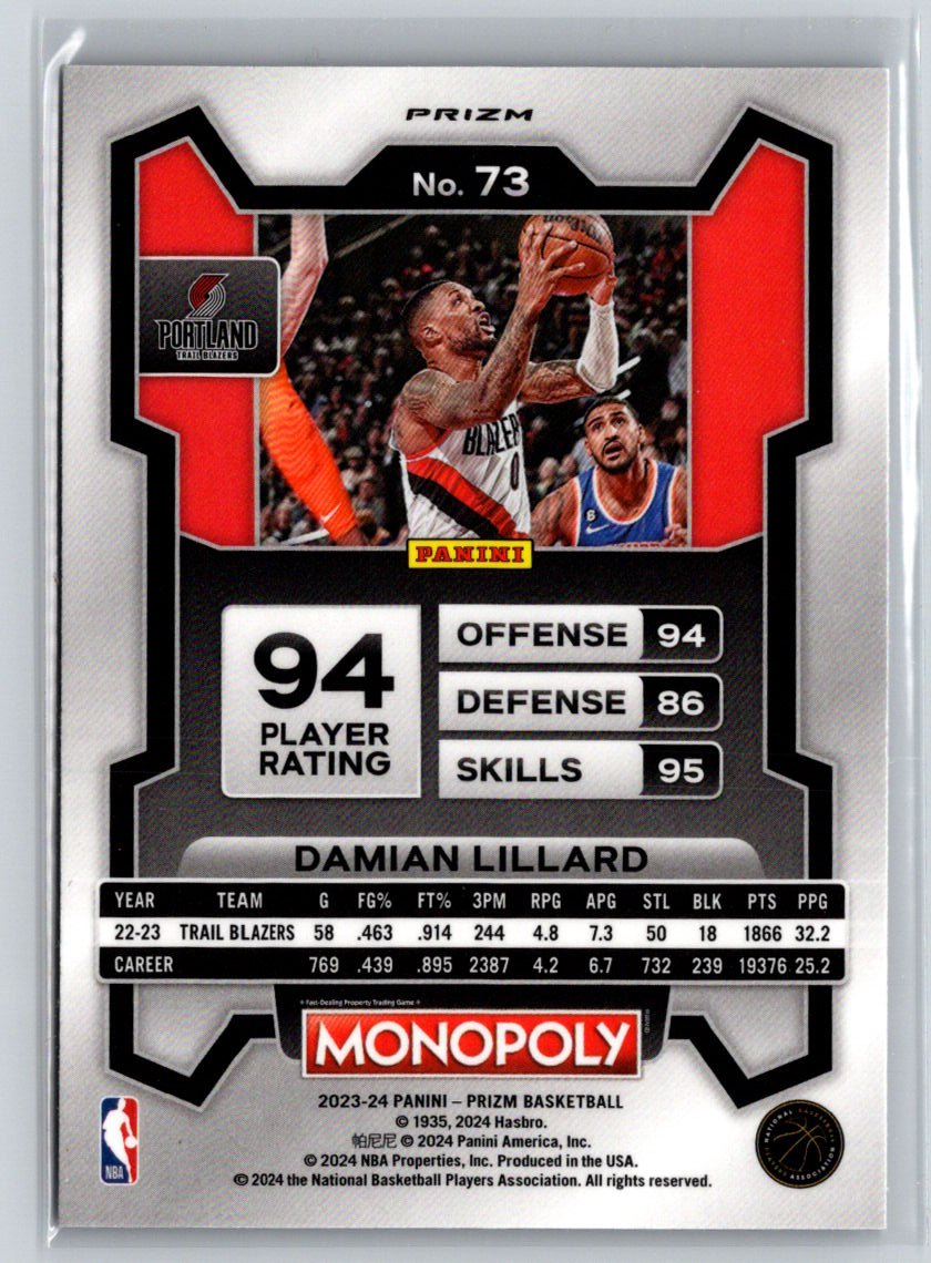 2023-24 Panini Prizm Monopoly #73 Damian Lillard Purple L45