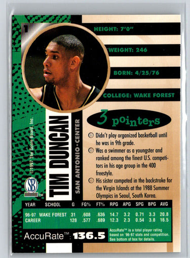 1997-98 Score Board Autographed #1 Tim Duncan L48