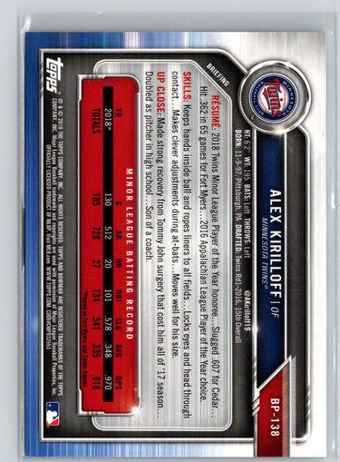 2019 Bowman #BP-138 Alex Kirilloff Prospects Sky Blue #/499 L55