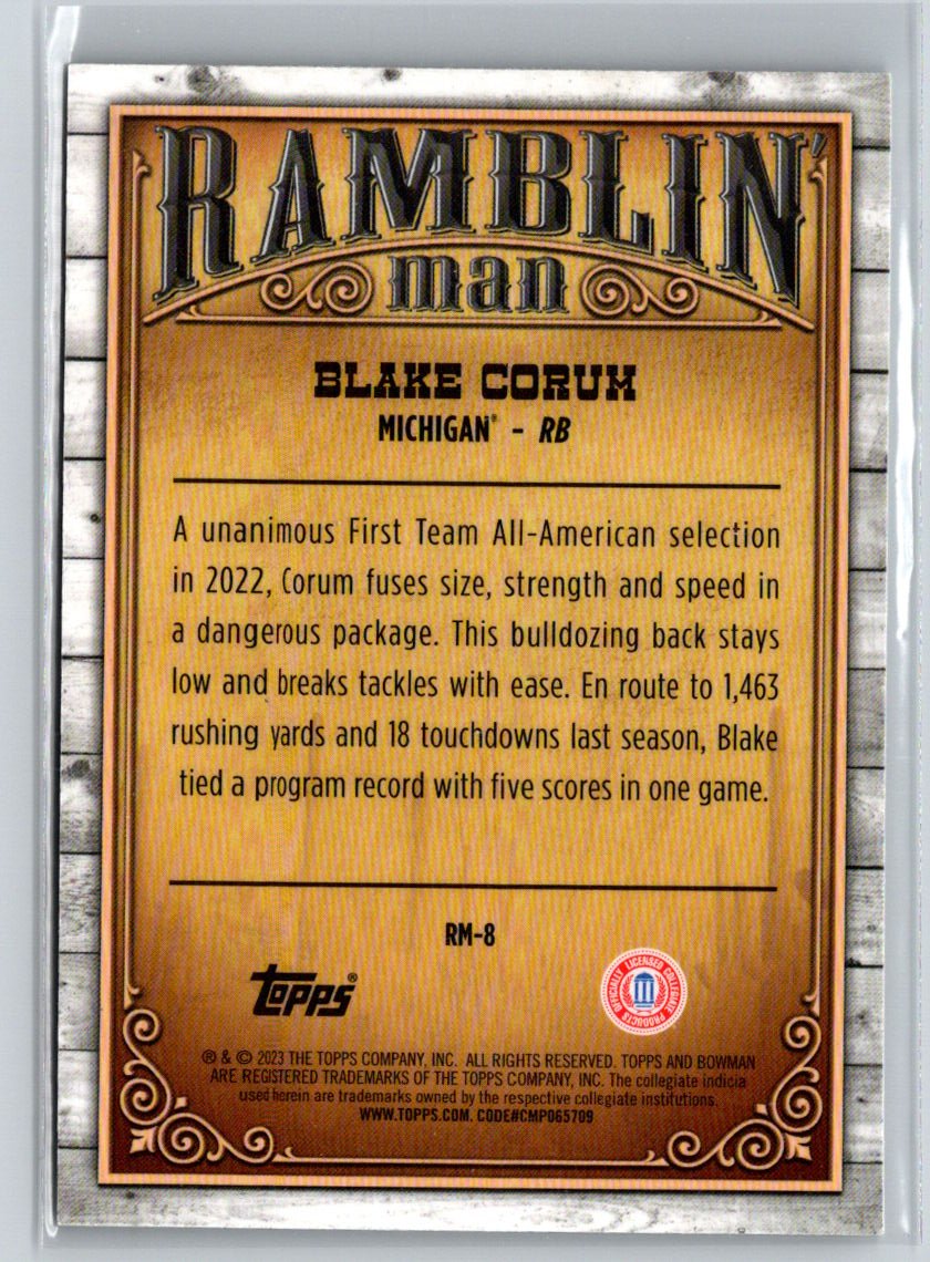 2023 Bowman University Chrome #RM-8 Blake Corum Ramblin' Man L61