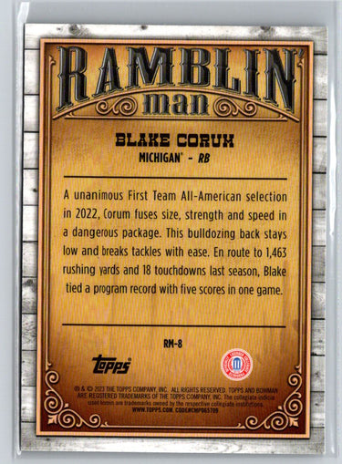 2023 Bowman University Chrome #RM-8 Blake Corum Ramblin' Man L61