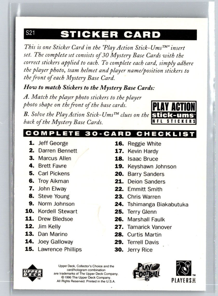 1996 Collector's Choice Update #S21 Deion Sanders Play Action Stick-Ums L67