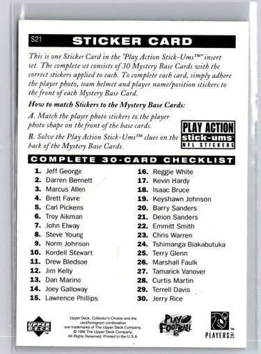 1996 Collector's Choice Update #S21 Deion Sanders Play Action Stick-Ums L67