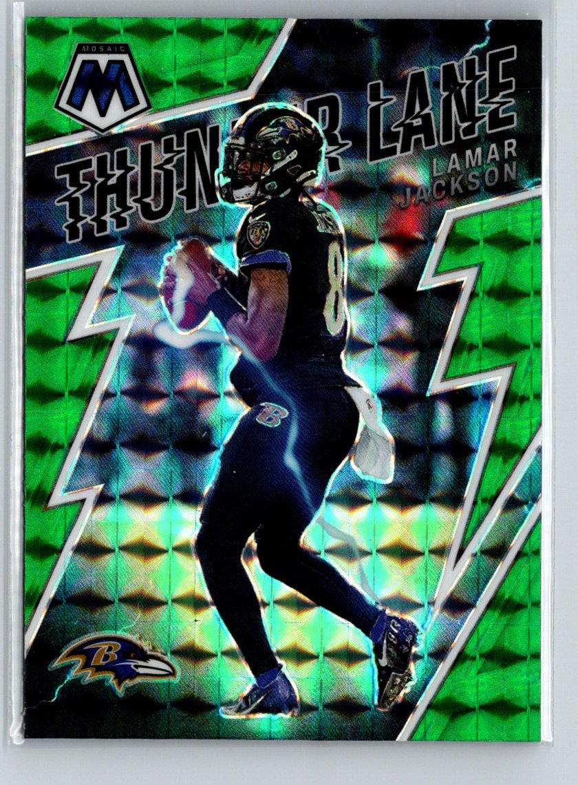 2022 Panini Mosaic #TL-24 Lamar Jackson Thunder Lane Mosaic Green M01