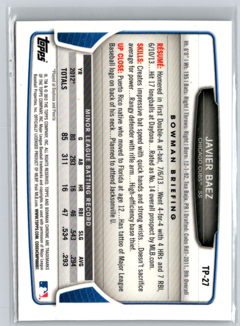2013 Bowman Draft Picks & Prospects #TP-27 Javier Baez Chrome Top Prospects M01