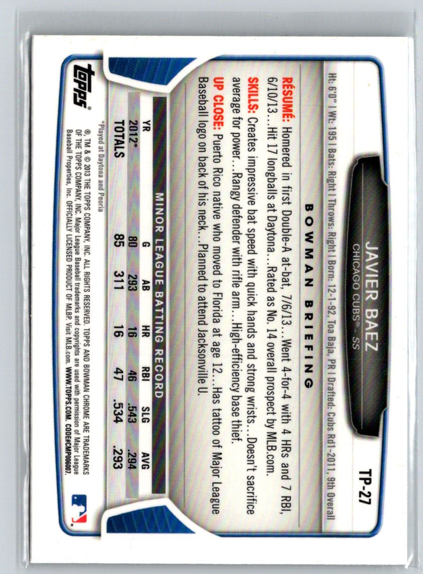 2013 Bowman Draft Picks & Prospects #TP-27 Javier Baez Chrome Top Prospects M02