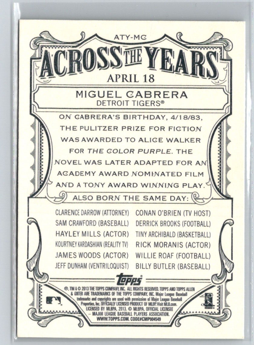 2013 Topps Allen & Ginter #ATY-MC Miguel Cabrera Across the Years M05