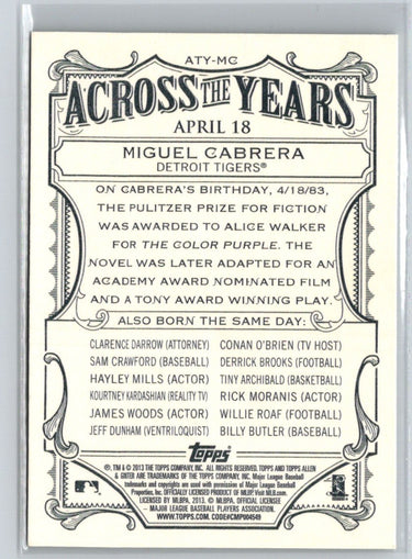 2013 Topps Allen & Ginter #ATY-MC Miguel Cabrera Across the Years M05