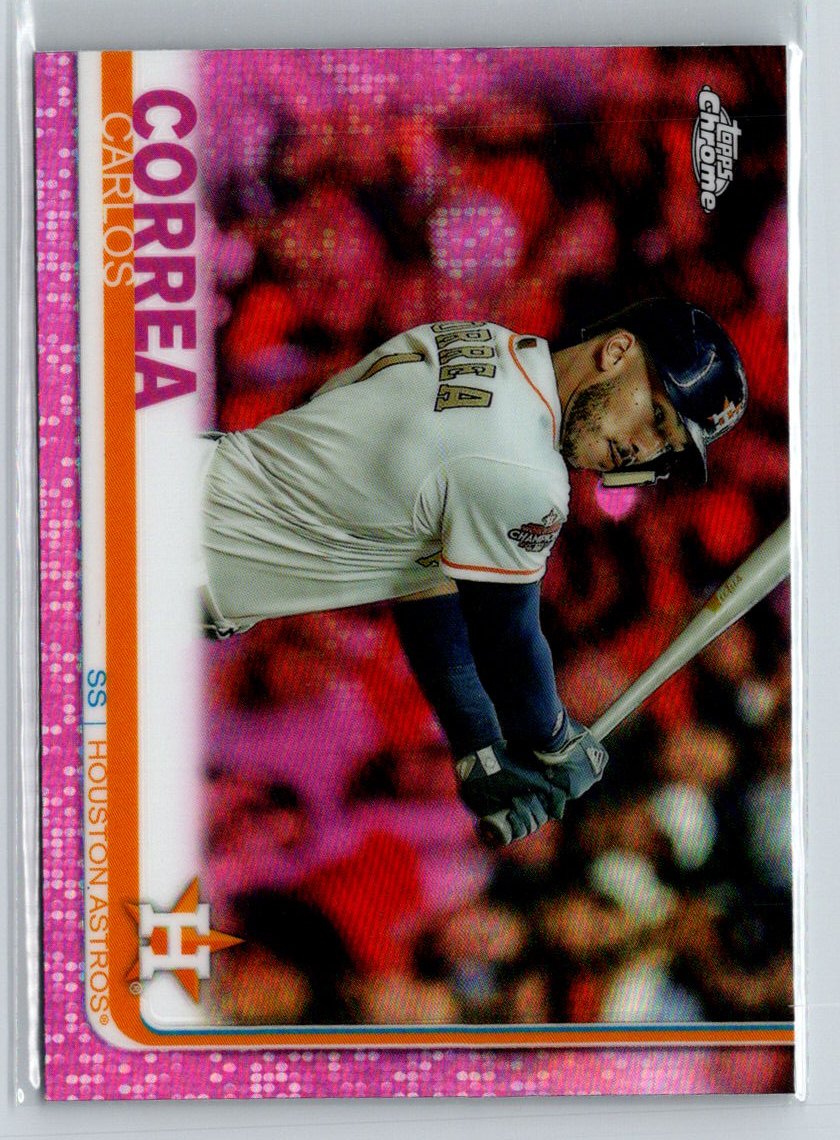 2019 Topps Chrome #64 Carlos Correa Pink Refractor : Santa hats in crowd M06