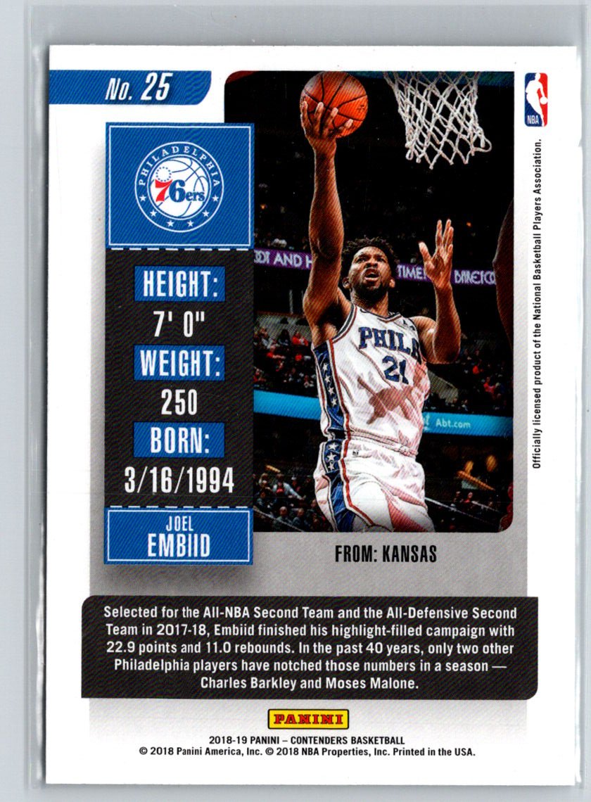 2018-19 Panini Contenders #25 Joel Embiid Game Ticket Red M09