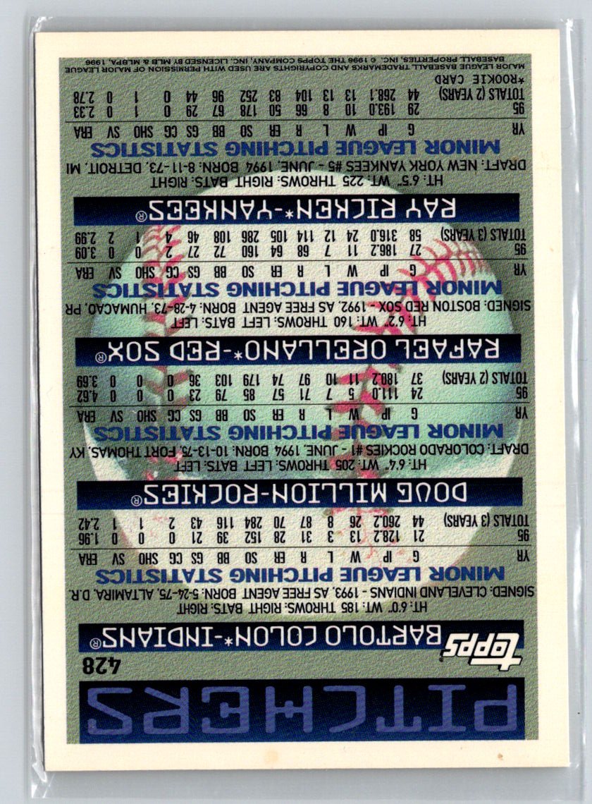 1996 Topps #428 Bartolo Colon / Doug Million / Rafael Orellano  PROS, RC M11