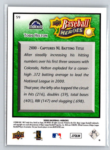 2008 Upper Deck Baseball Heroes #59 Todd Helton Emerald #/499 M13