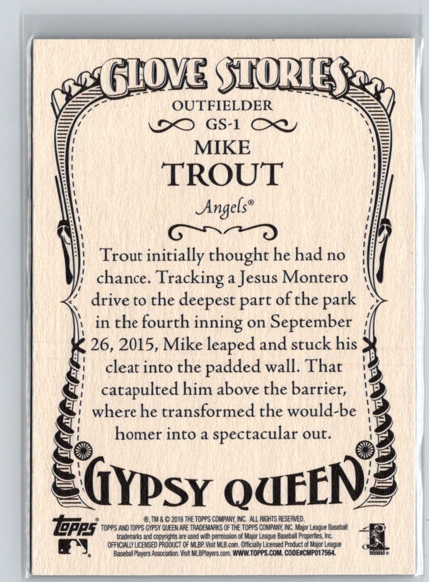 2016 Topps Gypsy Queen #GS-1 Mike Trout Glove Stories M14