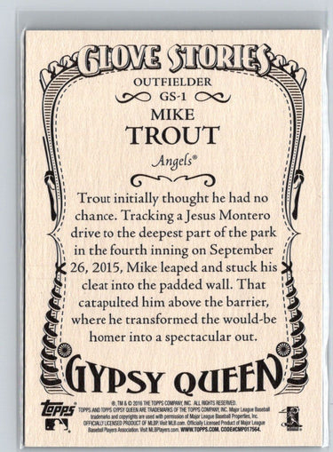 2016 Topps Gypsy Queen #GS-1 Mike Trout Glove Stories M14