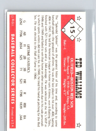 1984 Galasso Baseball Collector Series #15 Ted Williams M18