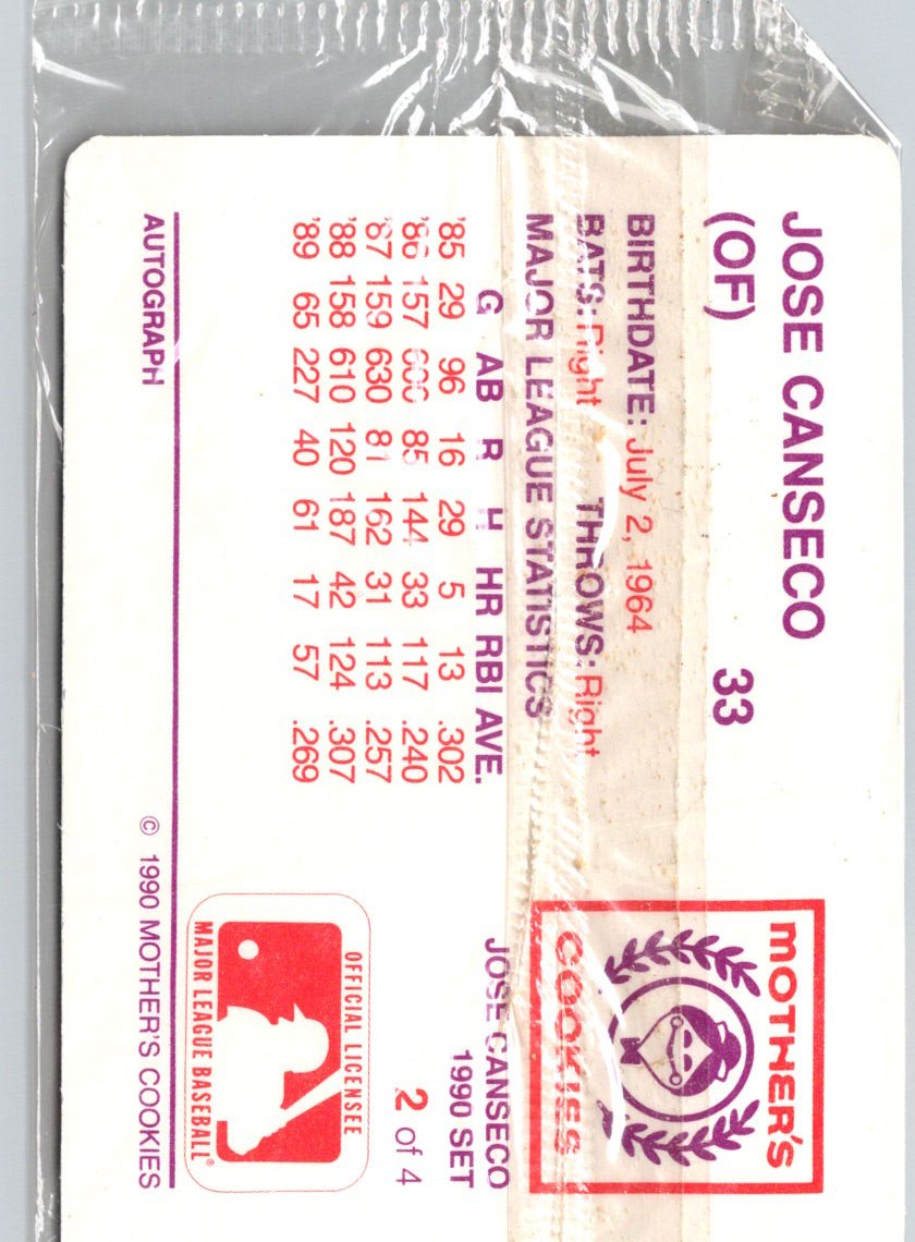 1990 Mother's Cookies Jose Canseco #2 Jose Canseco M19