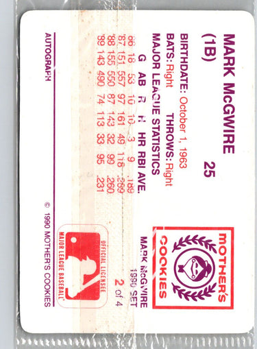 1990 Mother's Cookies Mark McGwire #2 Mark McGwire (Holding bat in front) M20