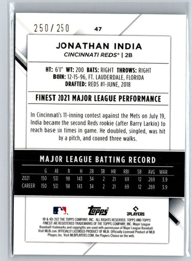 2022 Finest #47 Jonathan India Blue / Aqua Vapor Refractors #/250 M28