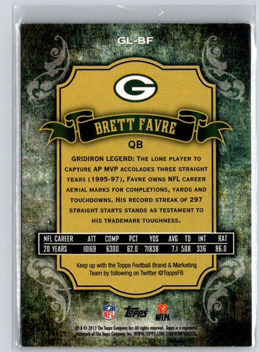 2013 Topps #GL-BF Brett Favre Gridiron Legends M41