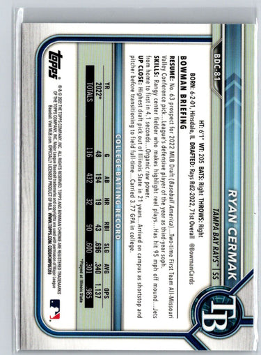 2022 Bowman Draft #BDC-81 Ryan Cermak Chrome Refractor M43