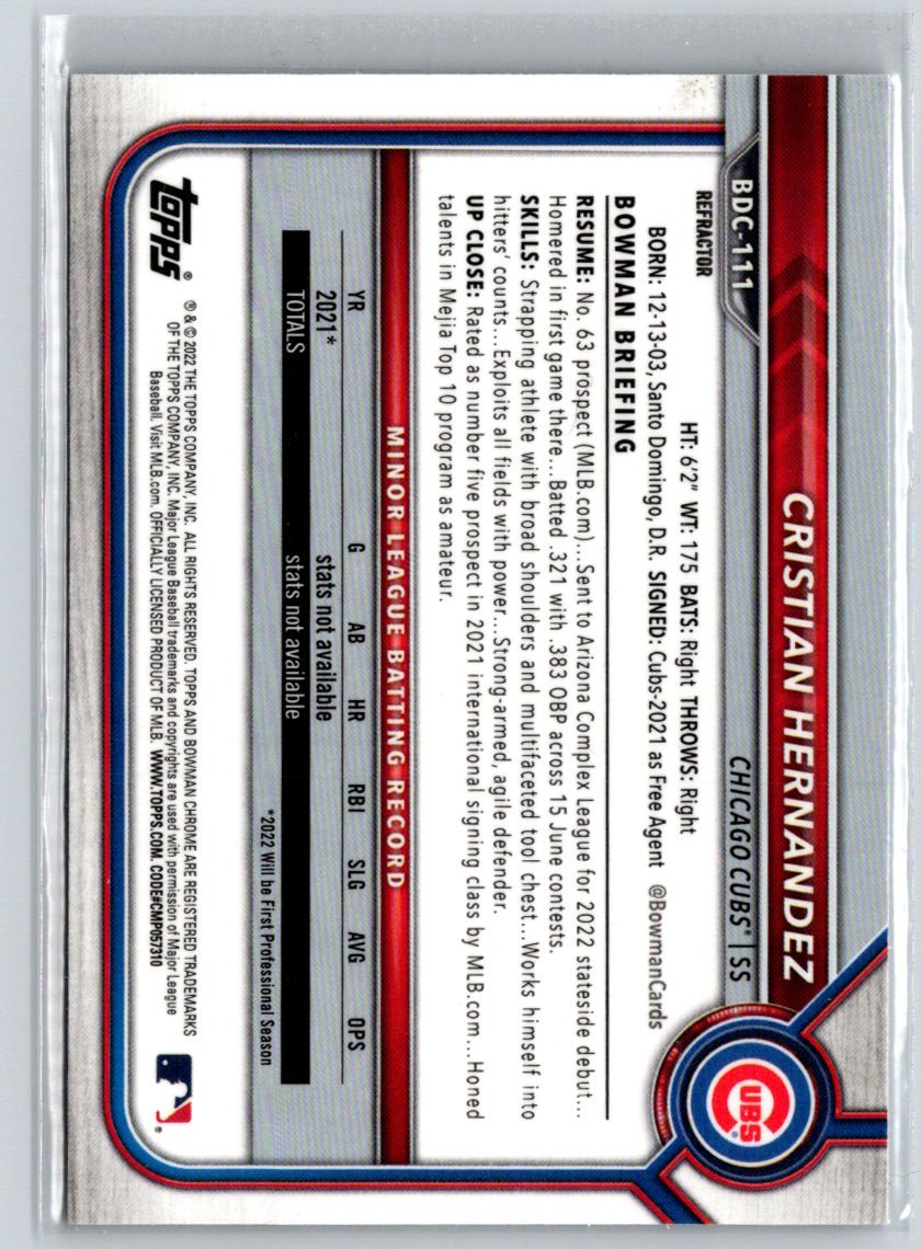 2022 Bowman Draft #BDC-111 Cristian Hernandez Chrome Refractor M58