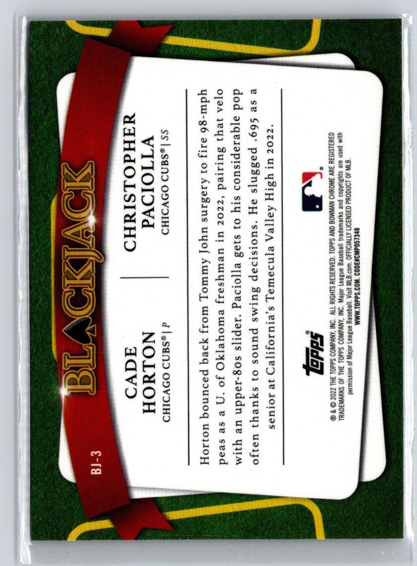 2022 Bowman Draft #BJ-3 Christopher Paciolla / Cade Horton Blackjack M58