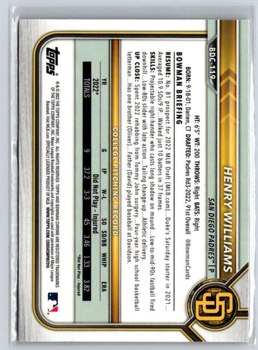 2022 Bowman Draft #BDC-119 Henry Williams Chrome M63