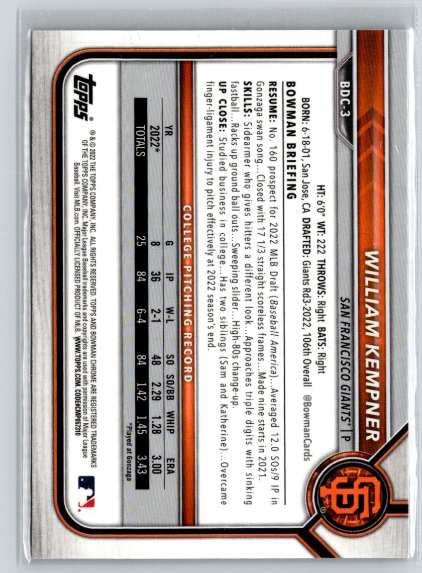 2022 Bowman Draft #BDC-3 William Kempner Chrome M63
