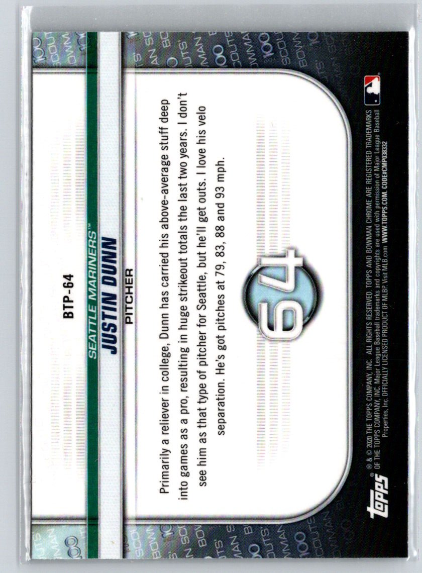 2020 Bowman #BTP-64 Justin Dunn Chrome Bowman Scouts Top 100 M67