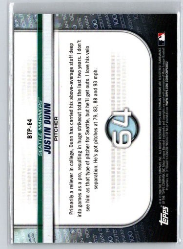 2020 Bowman #BTP-64 Justin Dunn Chrome Bowman Scouts Top 100 M67