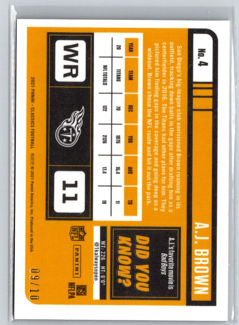 2021 Panini Classics #4 A.J. Brown Premium Timeless Tributes Orange #/10 M69