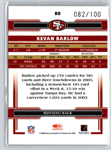 2006 Donruss Threads #80 Kevan Barlow Retail Green #/100 M70