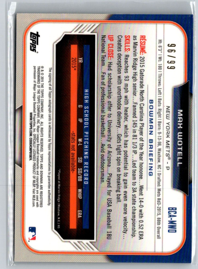 2015 Bowman Draft Max Wotell Chrome Draft Pick Autog Green Refractors #/99 N02