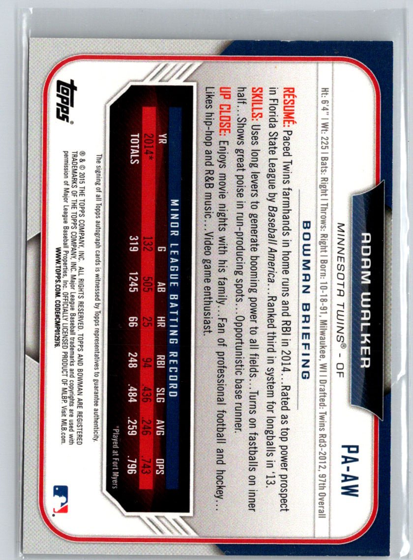 2015 Bowman - Paper Prospect Retail Autographs #PA-AW Adam Walker N03